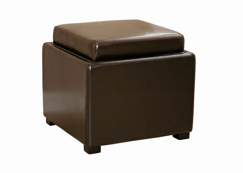 Tate Brown Leather Storage Ottoman with Reversible Wood Tray